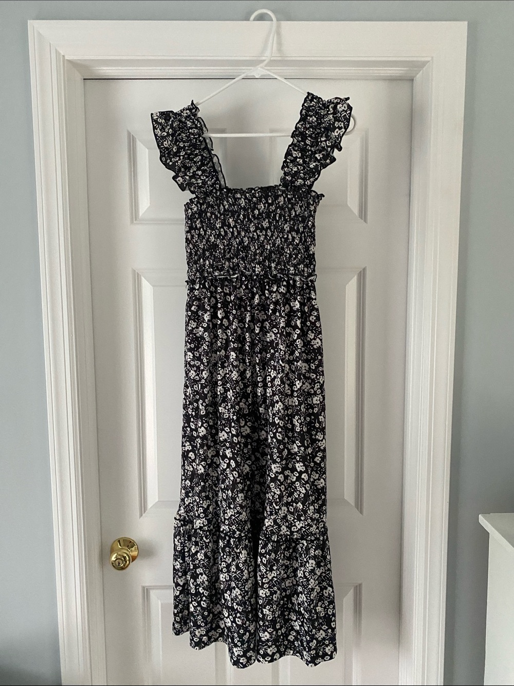 Women’s Black Floral Smocked Maxi Dress with Ruffle Straps